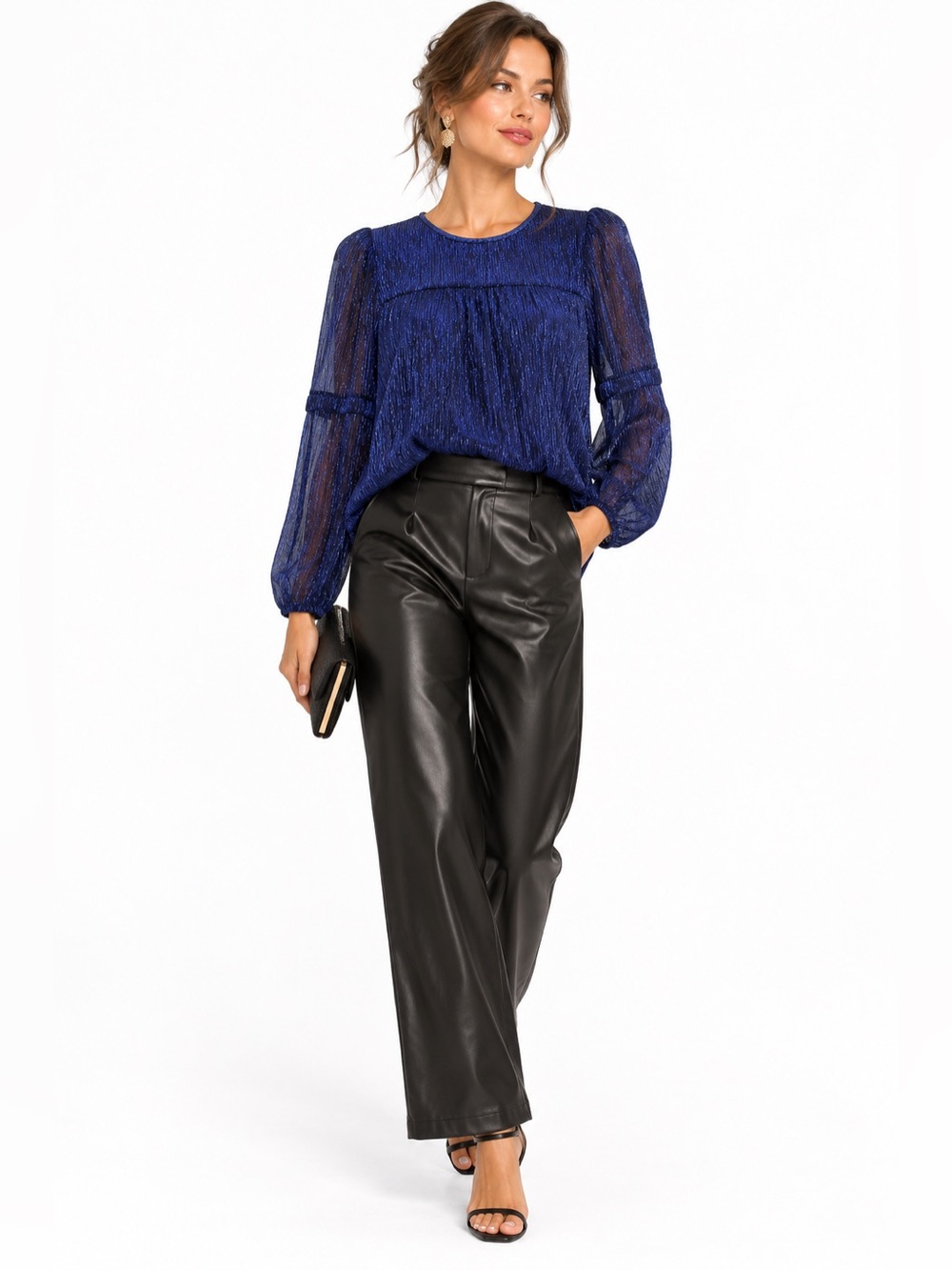 Moulinette Soeurs Anthropologie Cobalt Blue Metallic Plisse Blouse Small